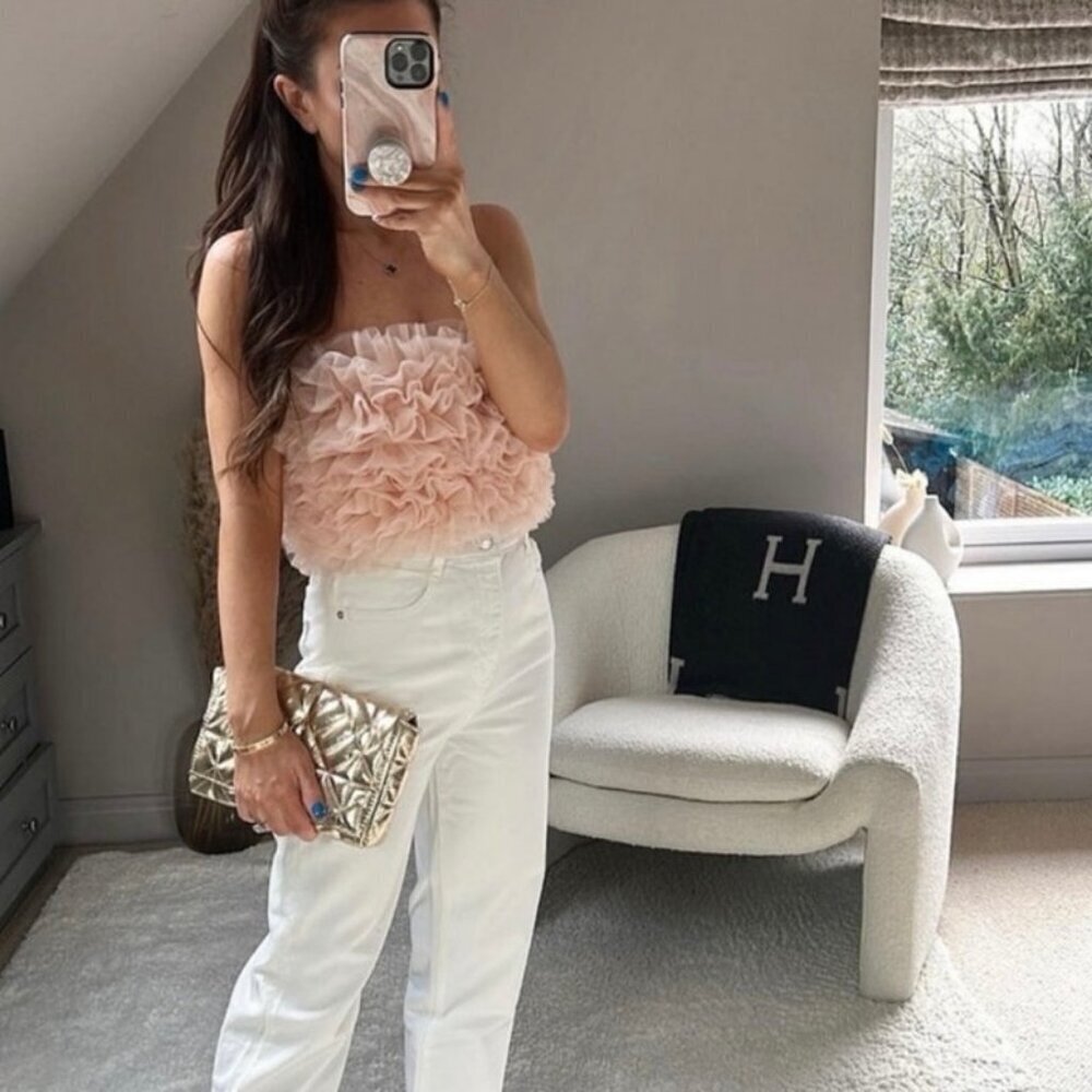 NWT Zara Pink Tulle Strapless Ruffle Crop Top XS Blogger Favorite Party Tube Top - Picture 9 of 9